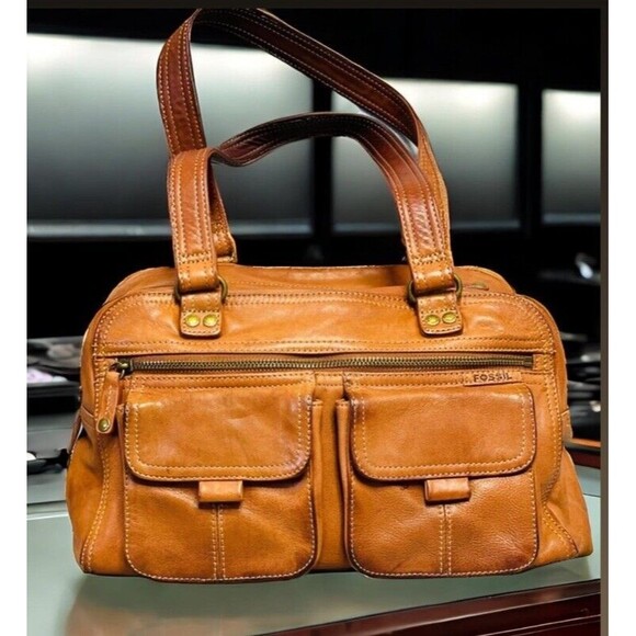 Fossil Handbags - Fossil Soft Leather Purse Brown Media Bag Satchel Travel Pockets Carry-on